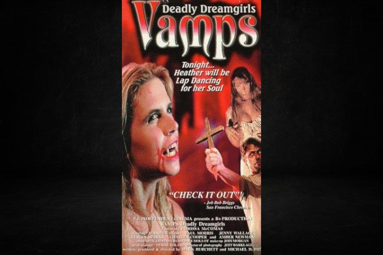 Vamps: Deadly Dreamgirls (1995)
Late Cincinnati filmmaker Mark Burchett’s work was defined by its sexy campiness, with Vamps: Deadly Dreamgirls perhaps being his most popular (rocker Alice Cooper even called it the “Gone With the Wind of vampire stripper movies,” according to this WCPO article). Vamps follows Tasha (Jenny Wallace), a vampire who also runs a vampire strip club, and Heather (Jennifer Huss), an all-American girl who applies for a job at the club to pay her way through school. Tasha wants to (literally) suck Heather into joining her vampire clan, and only a faltering priest, Seamus (Paul Morris) can save her. (Spoiler Alert: He doesn’t).