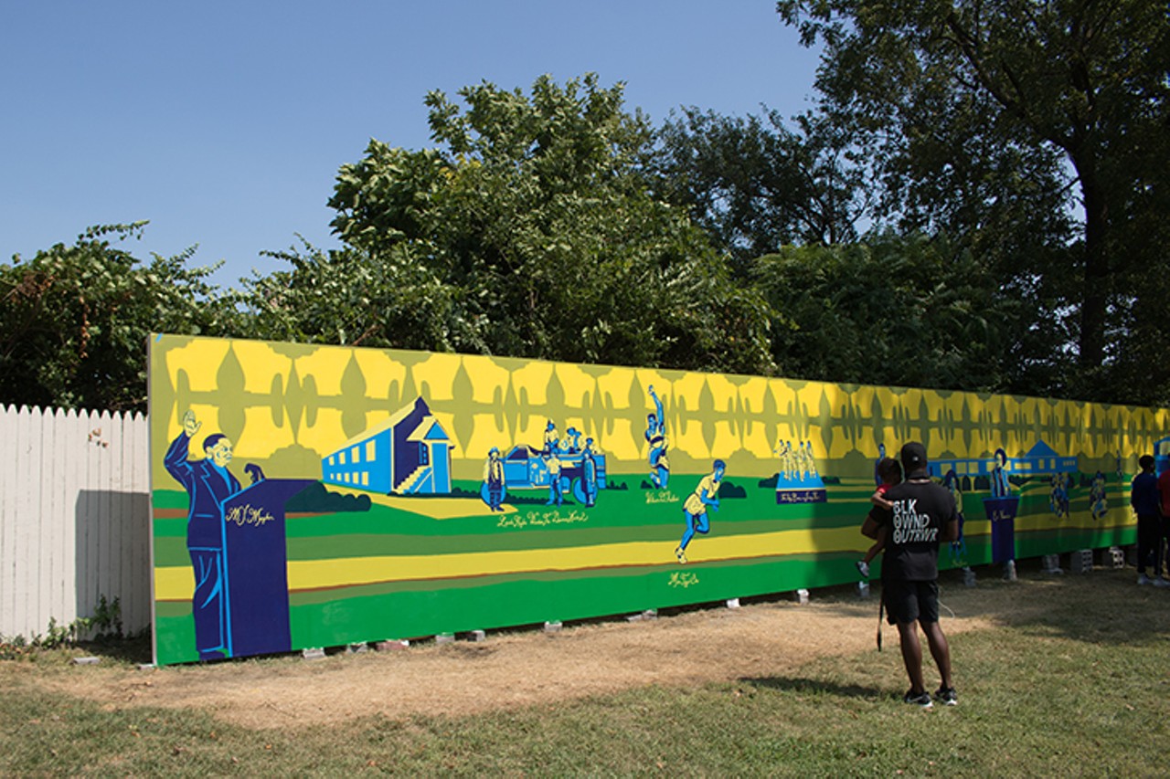 The mural includes representations of the village's first mayor, Michael J. Mangham; Olympians Mae Faggs Starr and William DeHart Hubbard (the first Black person to win a gold medal in an individual event for the running long jump at the 1924 Paris Olympics); sports stars Tony Yates, Greg Stimerick and Darryl Hardy; musicians The Isley Brothers and Gospel singer Charles Fold; poet Nikki Giovanni; political leaders including Carl Westmoreland, Samuel Glover II, Paul Blackwell and Yvette Simpson; and Dolores Lindsay, founder of the Lincoln Heights Health Center.