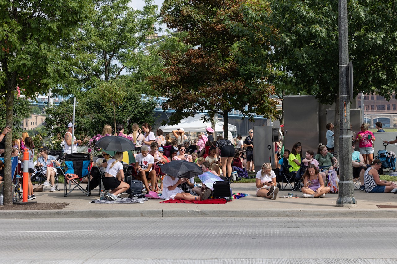 Fans at "Taygate" at the Banks ahead of Taylor Swift's concert at Paycor Stadium on June 30, 2023.