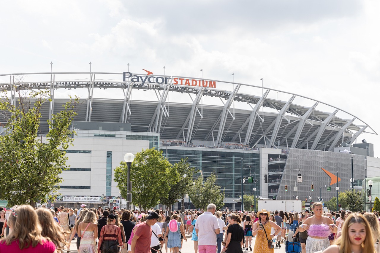 Fans at "Taygate" at the Banks ahead of Taylor Swift's concert at Paycor Stadium on June 30, 2023.