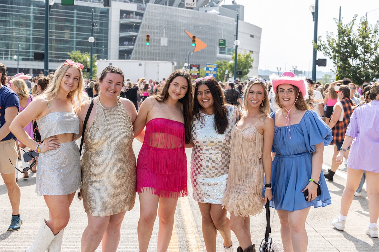 Fans at "Taygate" at the Banks ahead of Taylor Swift's concert at Paycor Stadium on June 30, 2023.