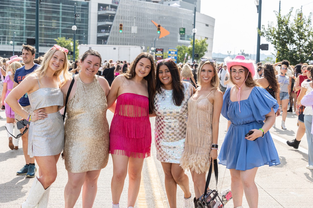 Fans at "Taygate" at the Banks ahead of Taylor Swift's concert at Paycor Stadium on June 30, 2023.