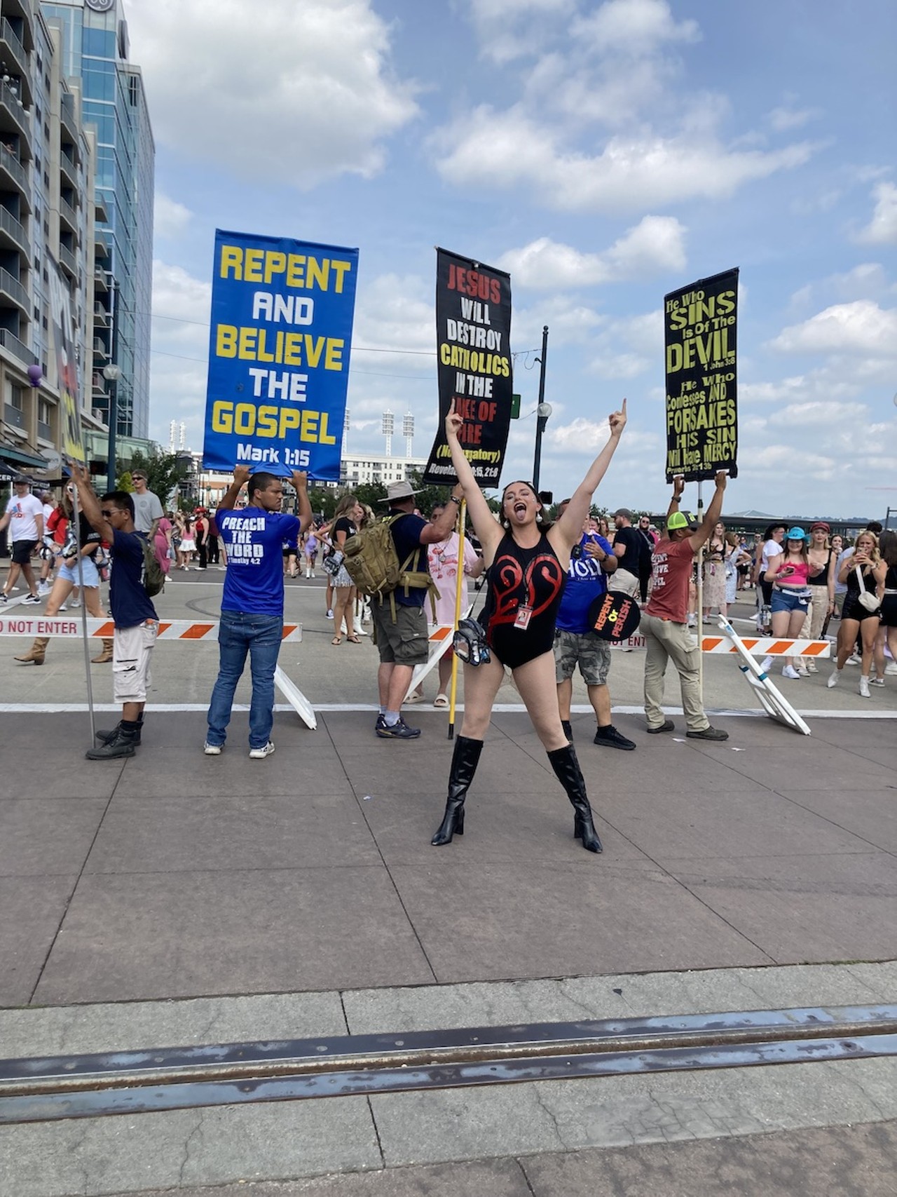 Fans at "Taygate" at the Banks ahead of Taylor Swift's concert at Paycor Stadium on June 30, 2023.