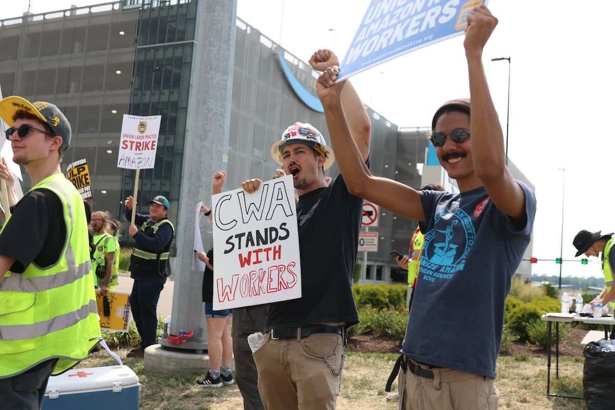 Amazon workers organizing with Teamsters at KCVG walked off the job on July 24.