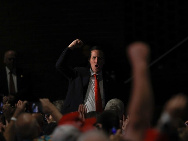 Bernie Moreno, the Republican challenging Senator Sherrod Brown in Ohio, attends JD Vance's rally at Middletown High School on July 22.