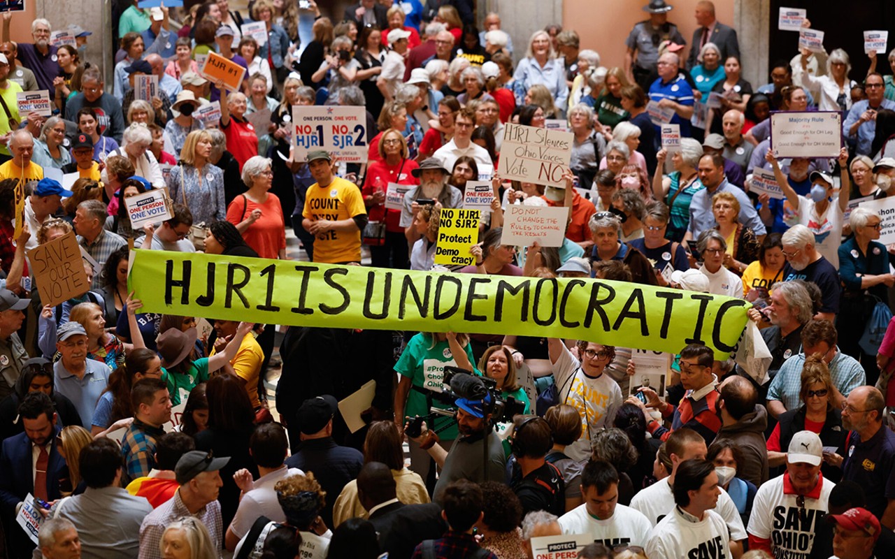 COLUMBUS, Ohio — MAY 10: Hundreds of protesters against SJR 2, and its companion HJR 1, fill the rotunda before the Ohio House session, May 10, 2023, at the Statehouse in Columbus, Ohio.