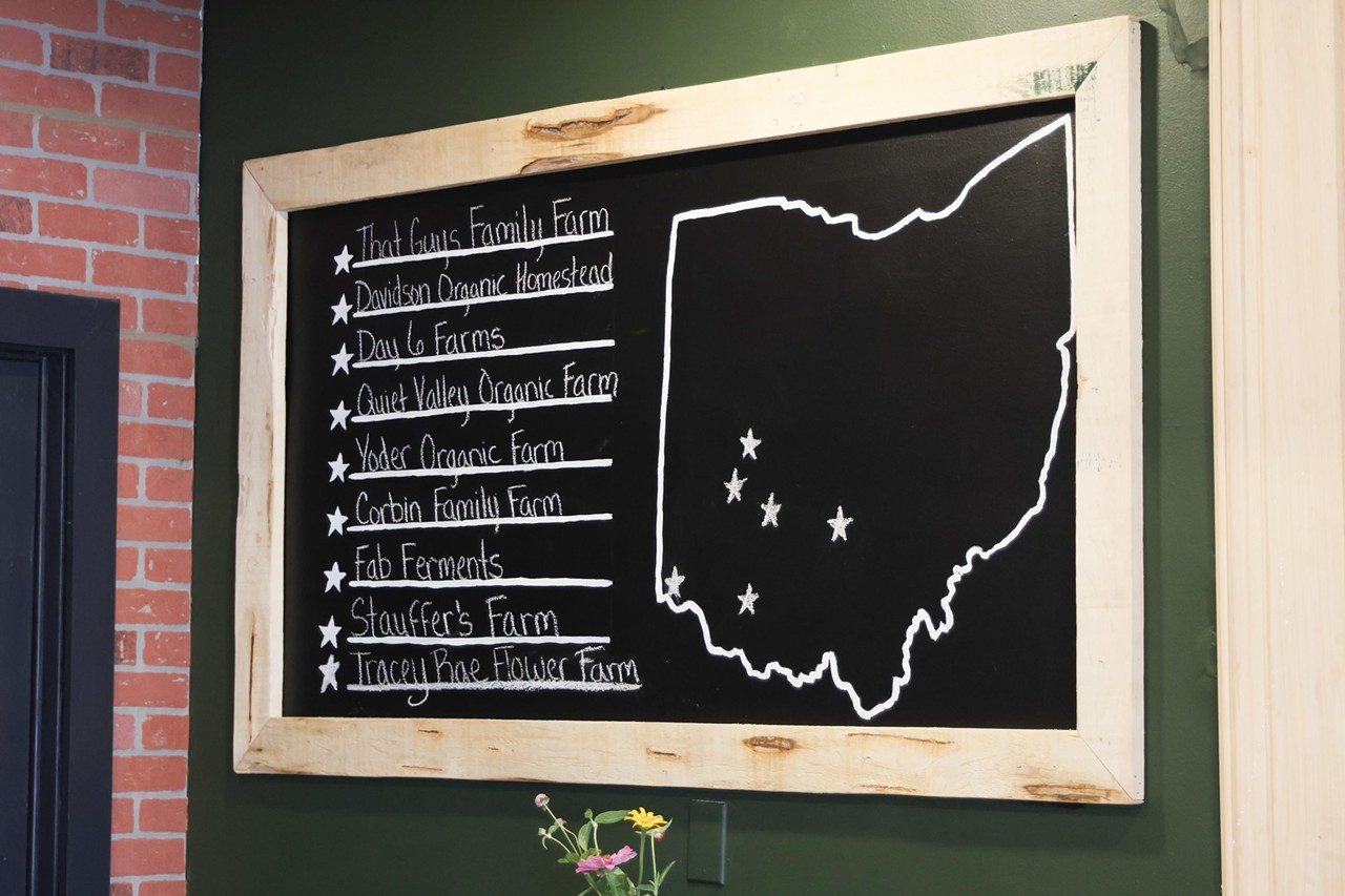 A map of where the ingredients are from inside Harvester Farm to Table Restaurant in Blanchester, Ohio.