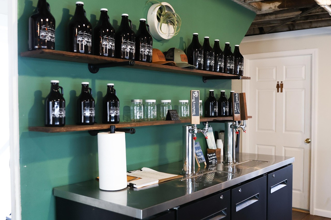 The kombucha station inside Greenhouse Bus Mercantile in Blanchester, Ohio.