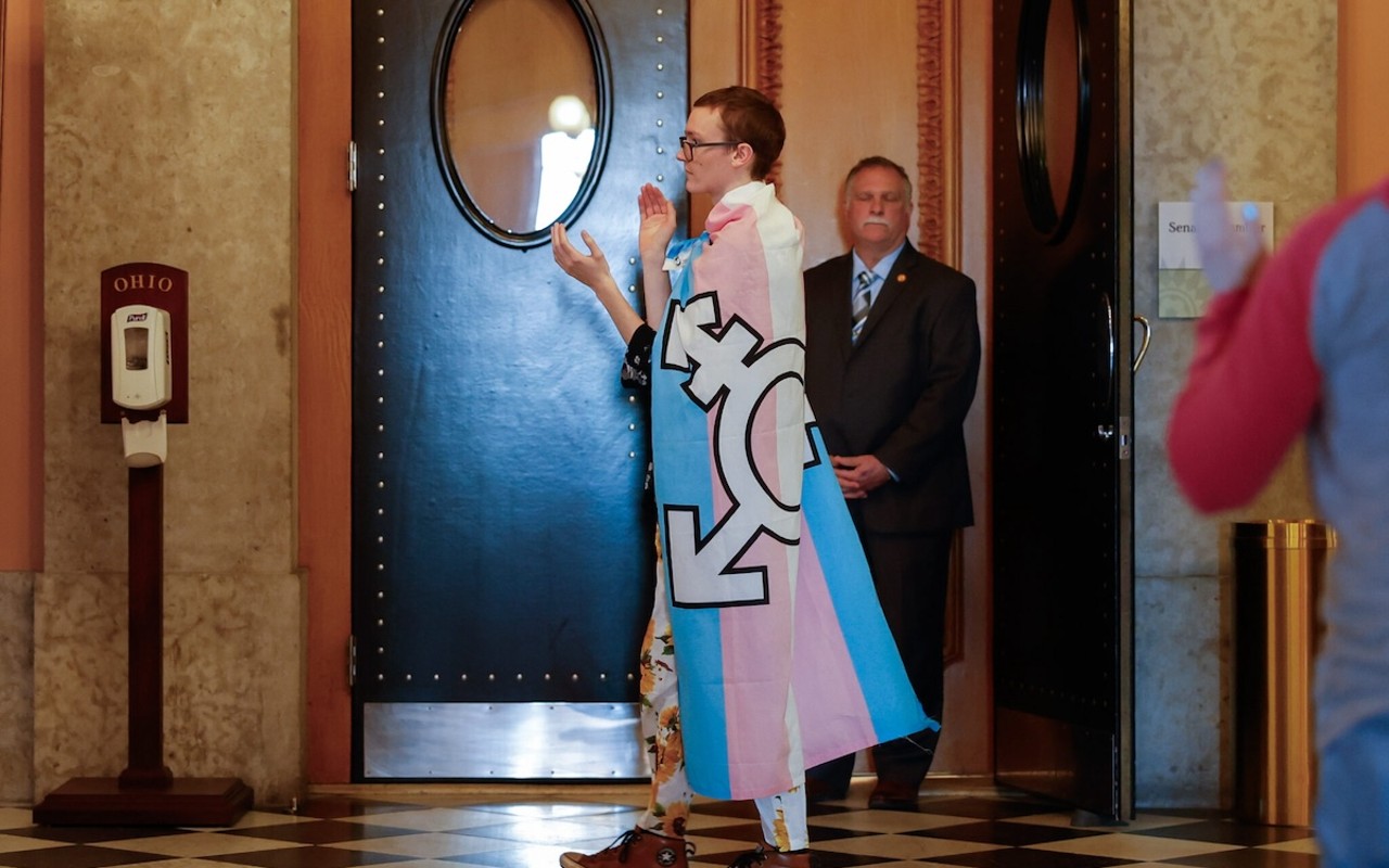 COLUMBUS, Ohio — DECEMBER 13: Advocates for the trans community protest outside the Senate Chamber while inside lawmakers debated and passed HB 68 that bans gender-affirming care for transgender youth and bars transgender kids from participating on sports teams, December 13, 2023, at the Statehouse in Columbus, Ohio.