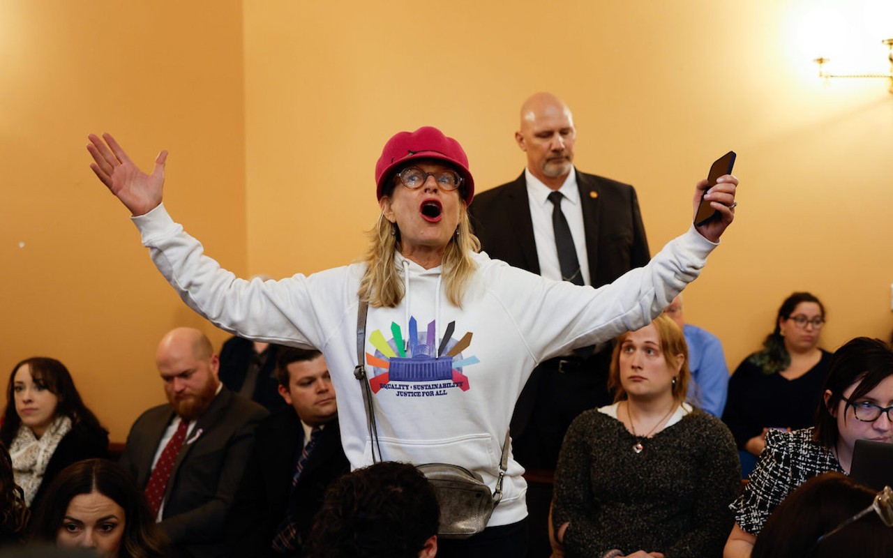 COLUMBUS, OH — JANUARY 24: A protester asks senators to not override Gov. Mike DeWine’s veto of House Bill 68 that would limit medical care for transgender minors and block transgender girls from sports during the Ohio Senate session, January 24, 2024, at the Statehouse in Columbus, Ohio.