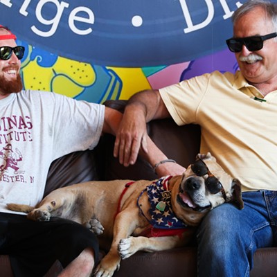 Owner of Alley Baby Alex Frohlich, his dog and his father all sit down together