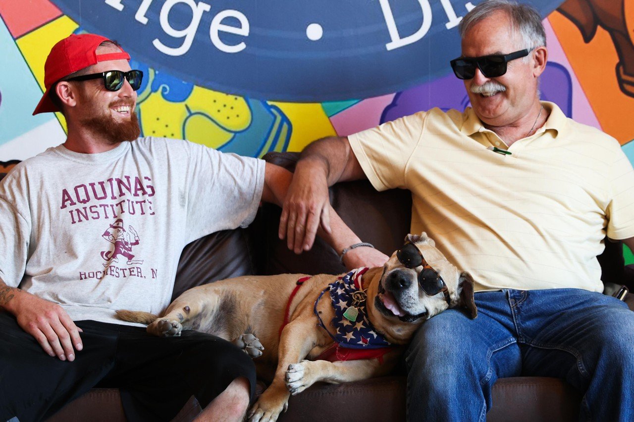 Owner of Alley Baby Alex Frohlich, his dog and his father all sit down together