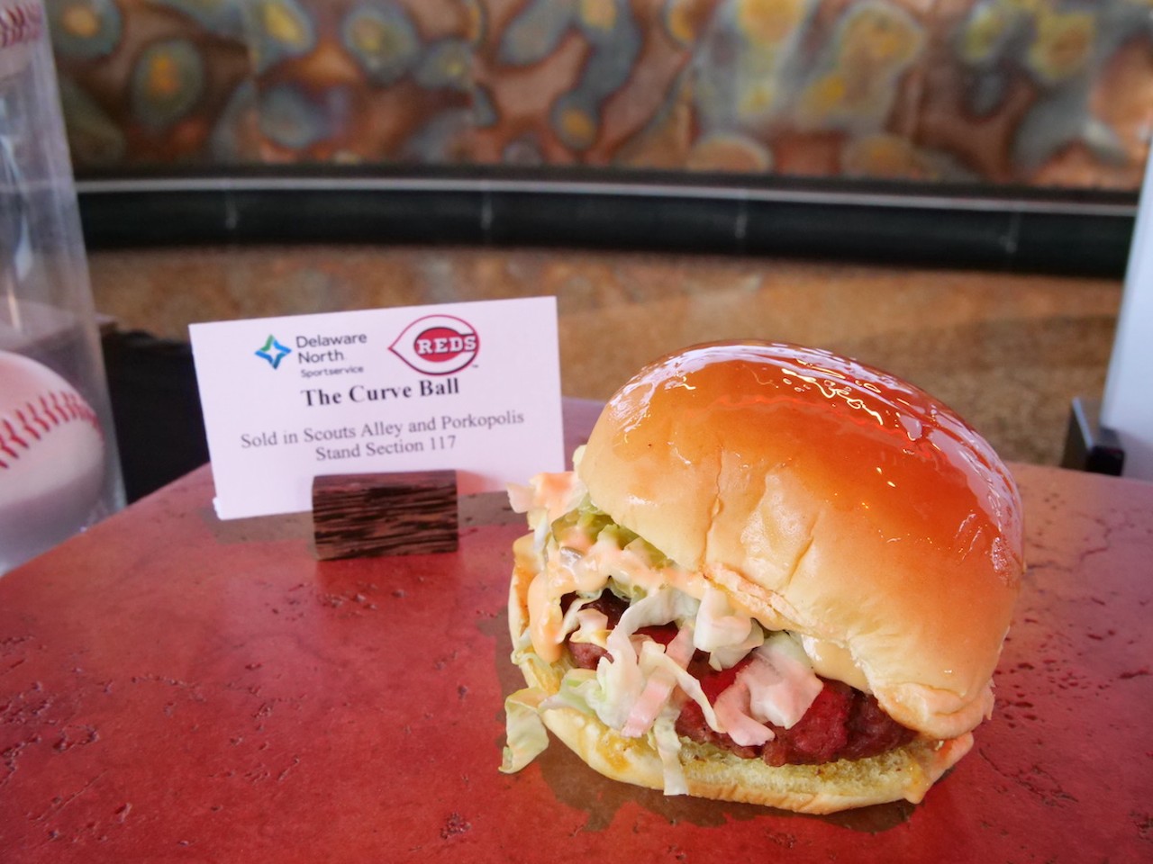 The Reds introduce new food options at Great American Ball Park on March 23, 2023, ahead of the Cincinnati Reds' 2023 season. The Curve Ball veggie burger is on the menu.