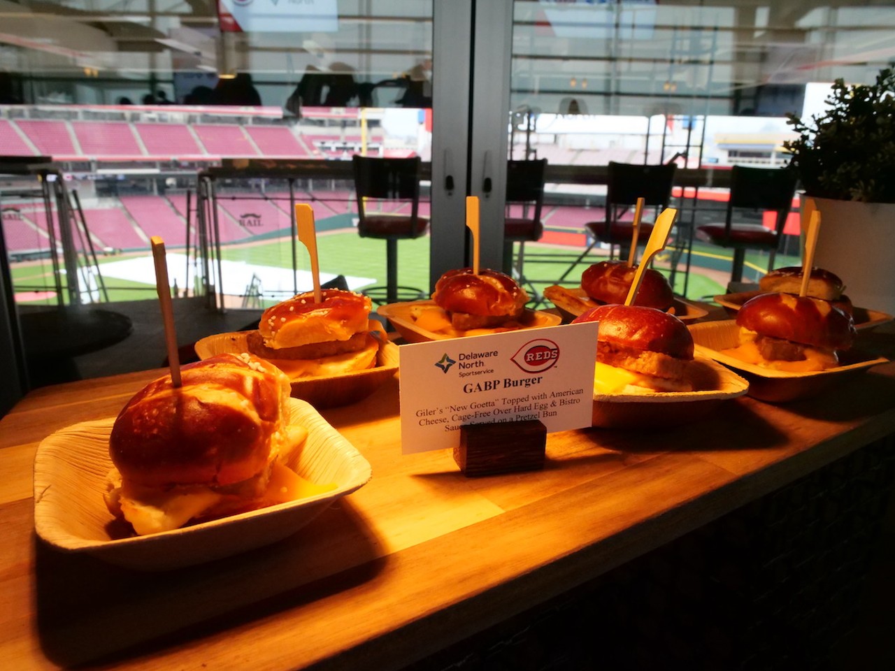 The Reds introduce new food options at Great American Ball Park on March 23, 2023, ahead of the Cincinnati Reds' 2023 season. A GABP burger with Glier's goetta is on the menu.