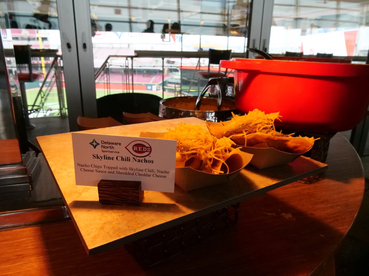 The Reds introduce new food options at Great American Ball Park on March 23, 2023, ahead of the Cincinnati Reds' 2023 season. Skyline Chili nachos are on the menu.