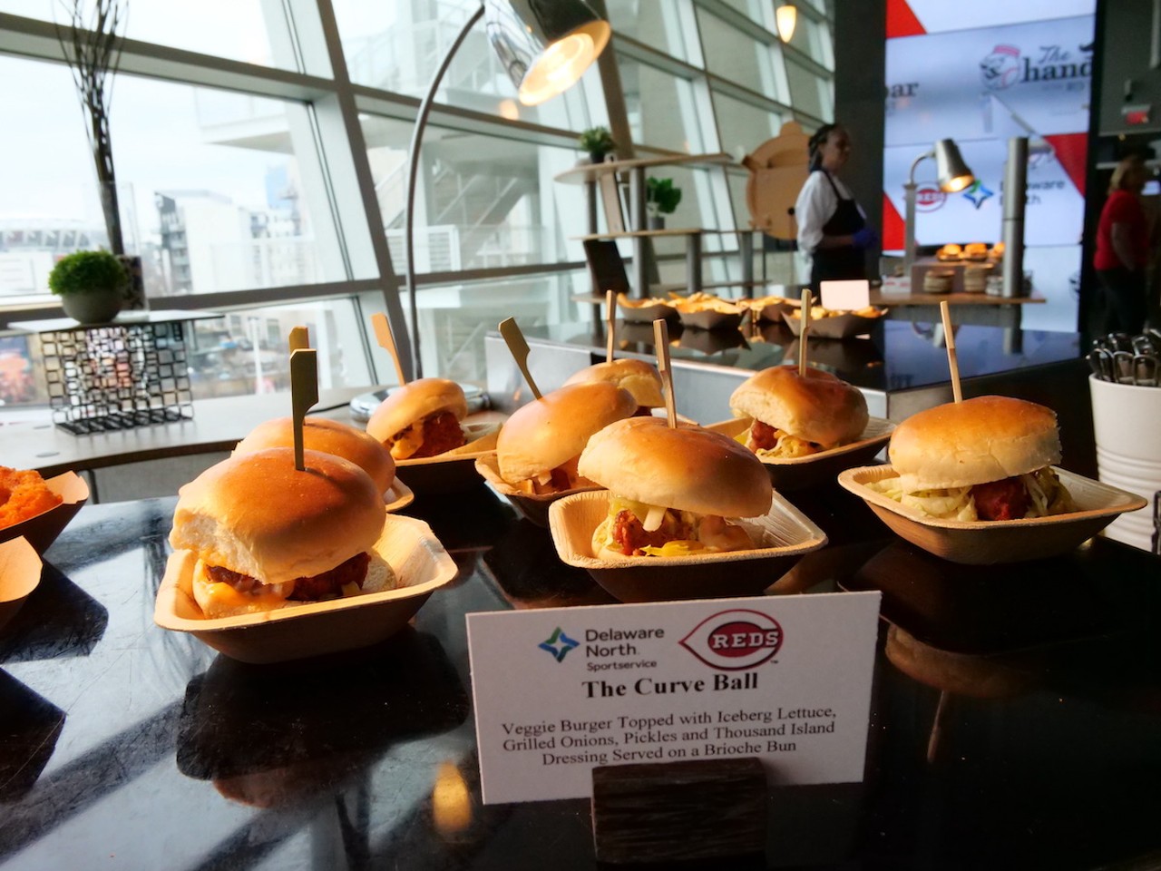 The Reds introduce new food options at Great American Ball Park on March 23, 2023, ahead of the Cincinnati Reds' 2023 season.The Curve Ball veggie burger is on the menu.