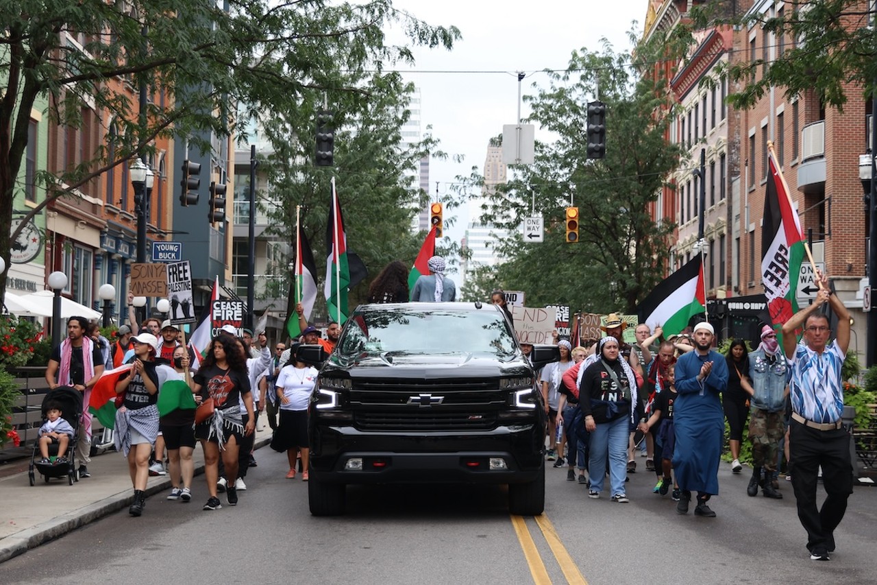 Demonstrators gathered at Fountain Square on July 28 to protest the ongoing war in Gaza, as well as the shooting death of Sonya Massey by deputy Sean Grayson in Springfield, Illinois.