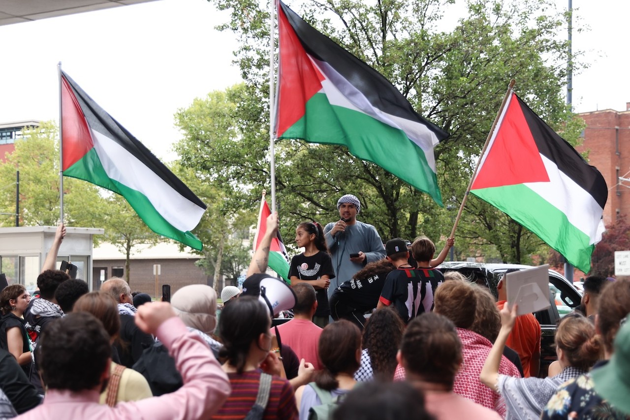 Demonstrators gathered at Fountain Square on July 28 to protest the ongoing war in Gaza, as well as the shooting death of Sonya Massey by deputy Sean Grayson in Springfield, Illinois.