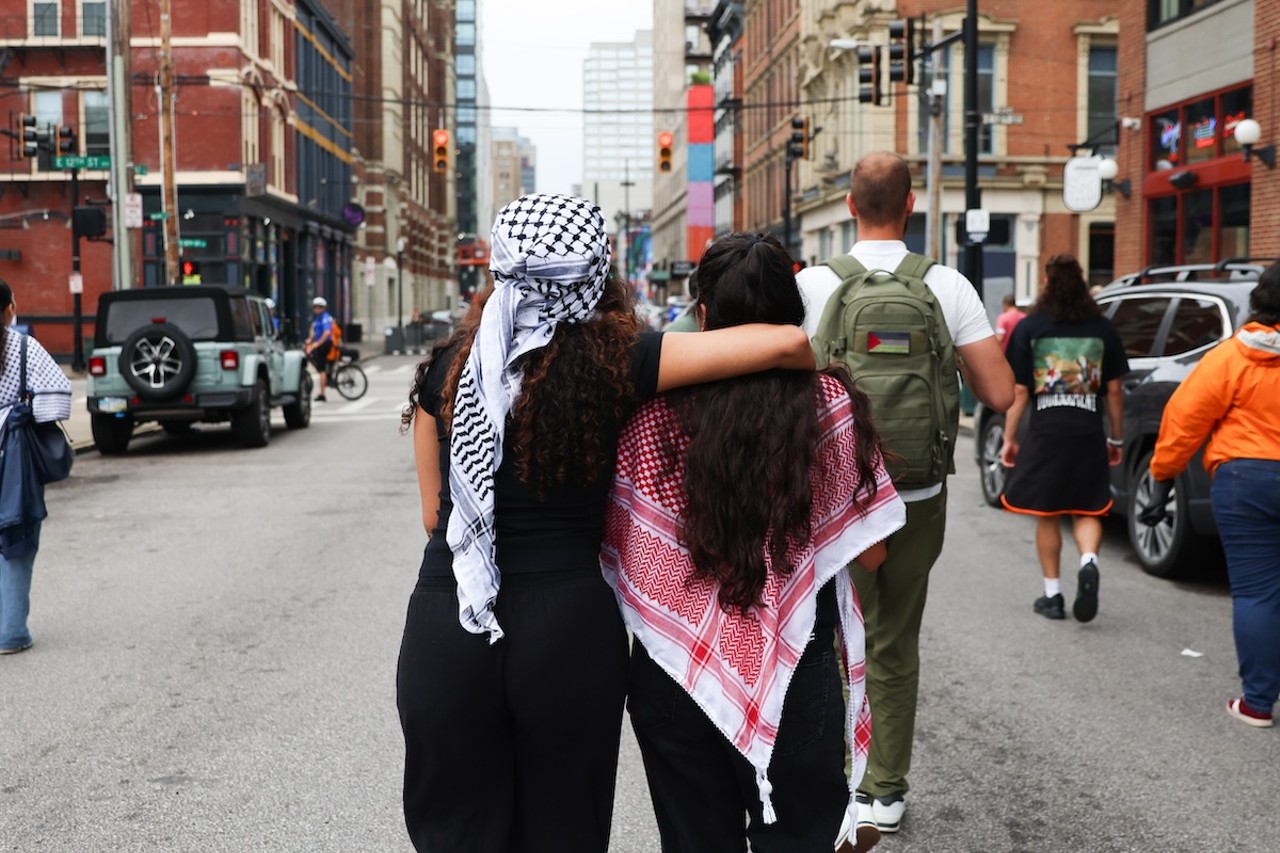 Demonstrators gathered at Fountain Square on July 28 to protest the ongoing war in Gaza, as well as the shooting death of Sonya Massey by deputy Sean Grayson in Springfield, Illinois.