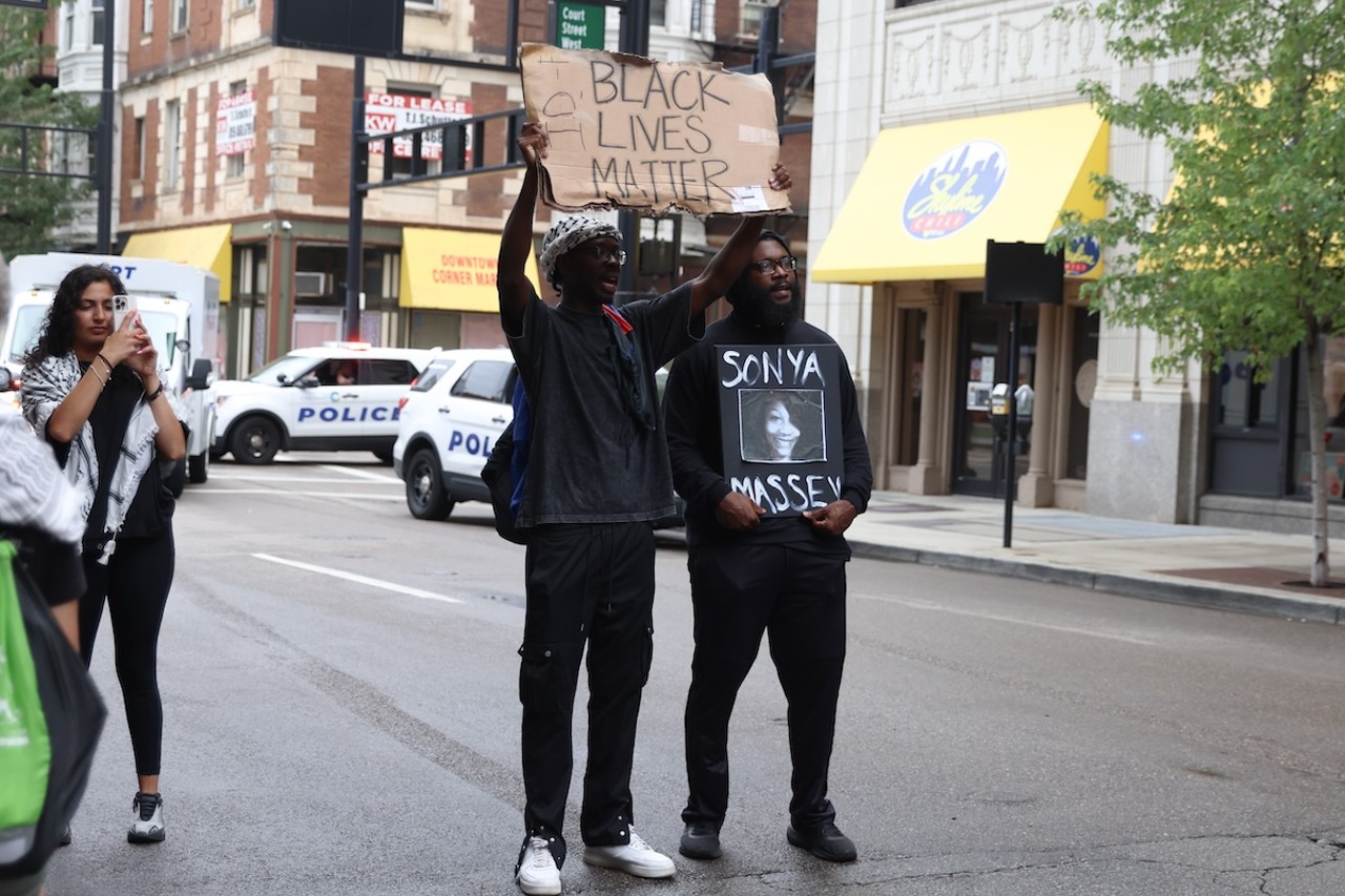 Demonstrators gathered at Fountain Square on July 28 to protest the ongoing war in Gaza, as well as the shooting death of Sonya Massey by deputy Sean Grayson in Springfield, Illinois.