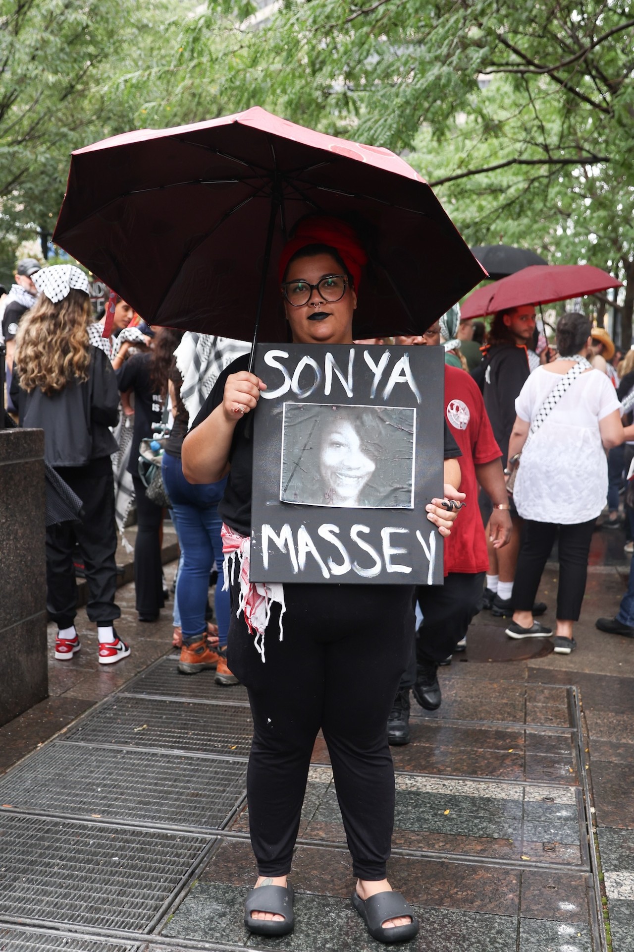 Demonstrators gathered at Fountain Square on July 28 to protest the ongoing war in Gaza, as well as the shooting death of Sonya Massey by deputy Sean Grayson in Springfield, Illinois.