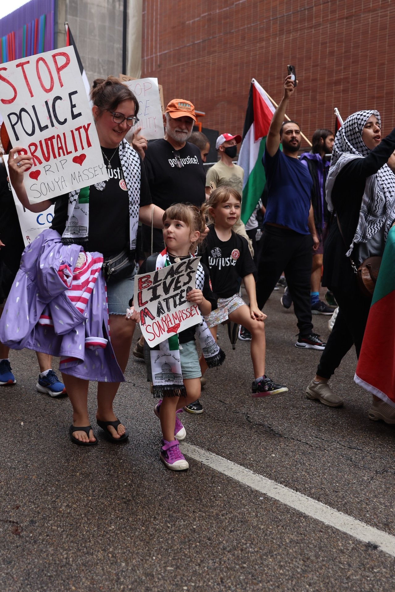 Demonstrators gathered at Fountain Square on July 28 to protest the ongoing war in Gaza, as well as the shooting death of Sonya Massey by deputy Sean Grayson in Springfield, Illinois.