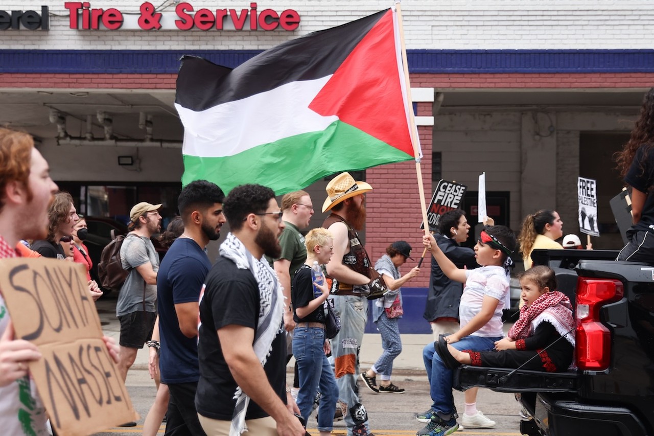 Demonstrators gathered at Fountain Square on July 28 to protest the ongoing war in Gaza, as well as the shooting death of Sonya Massey by deputy Sean Grayson in Springfield, Illinois.