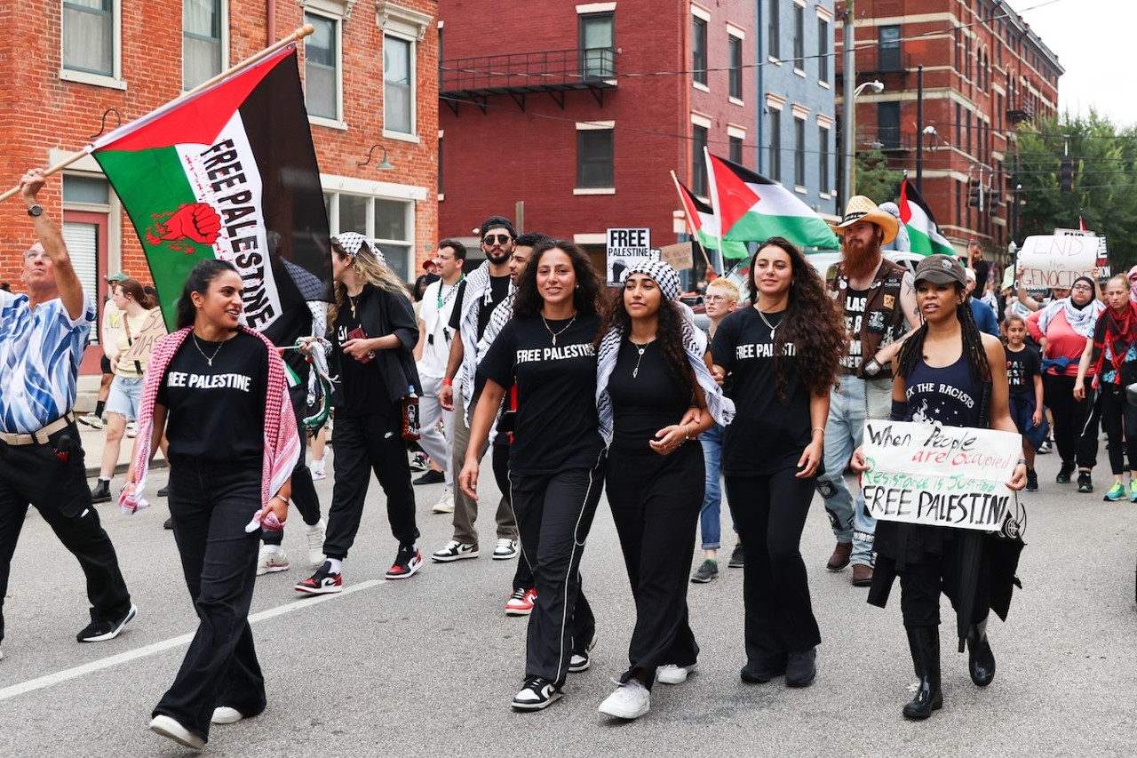 Demonstrators gathered at Fountain Square on July 28 to protest the ongoing war in Gaza, as well as the shooting death of Sonya Massey by deputy Sean Grayson in Springfield, Illinois.