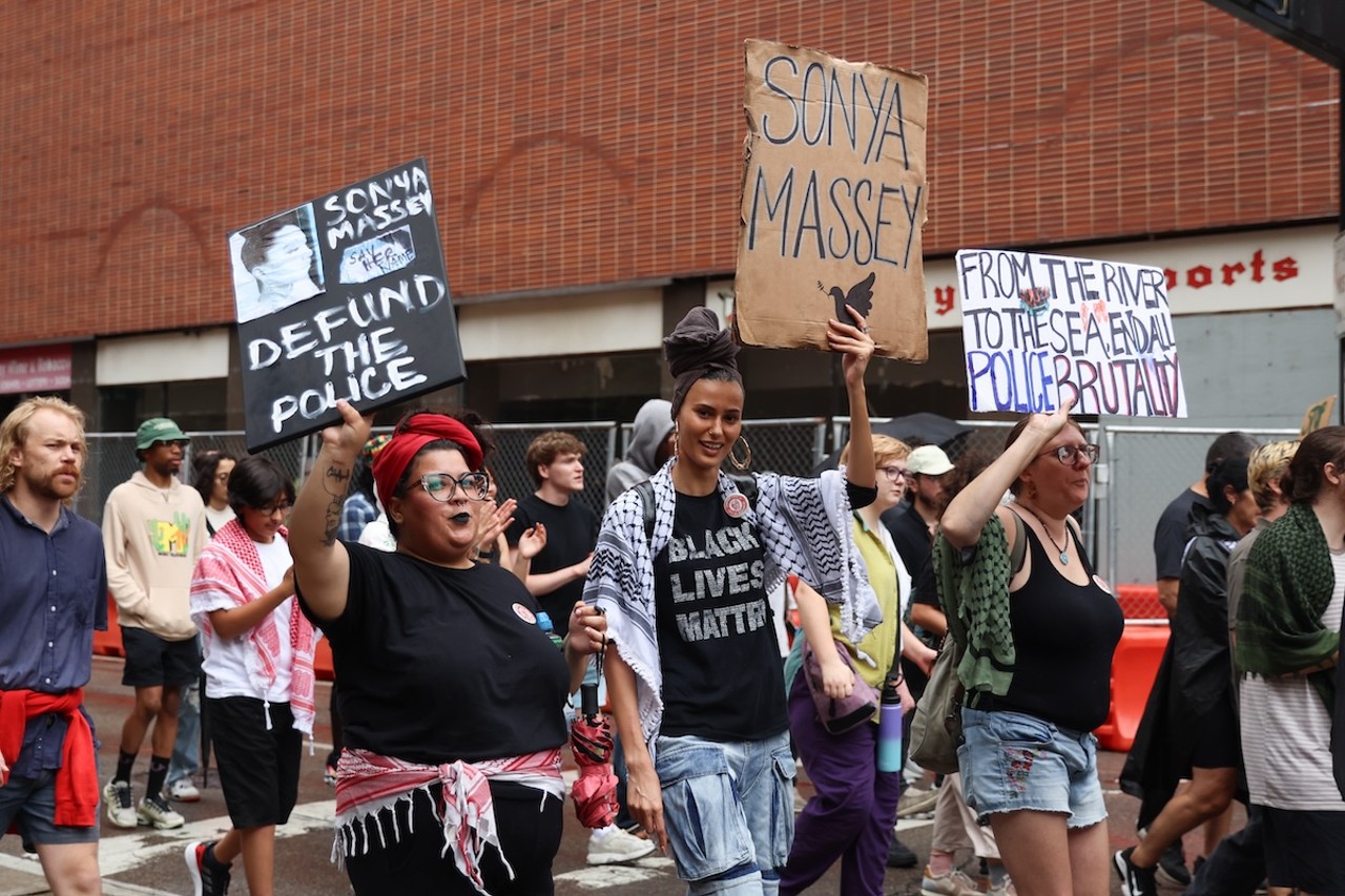 Demonstrators gathered at Fountain Square on July 28 to protest the ongoing war in Gaza, as well as the shooting death of Sonya Massey by deputy Sean Grayson in Springfield, Illinois.