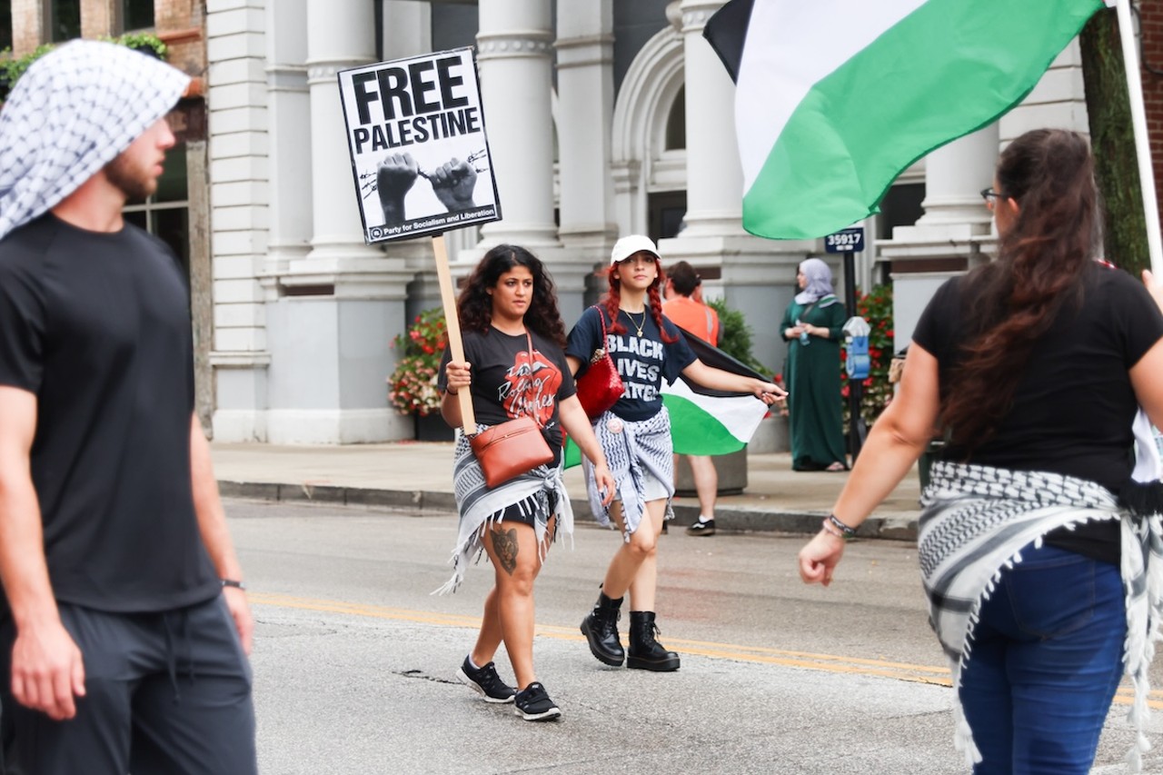 Demonstrators gathered at Fountain Square on July 28 to protest the ongoing war in Gaza, as well as the shooting death of Sonya Massey by deputy Sean Grayson in Springfield, Illinois.