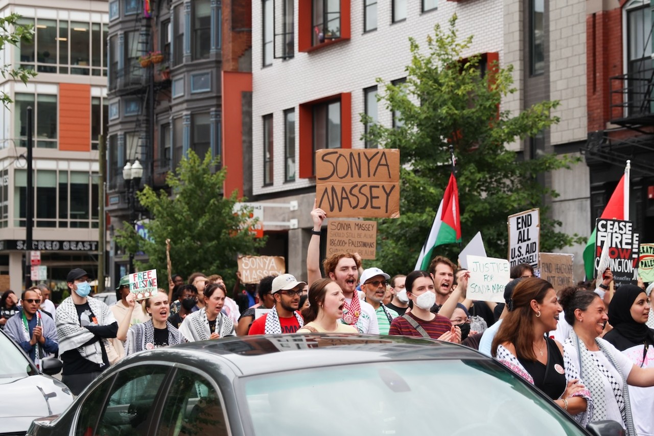 Demonstrators gathered at Fountain Square on July 28 to protest the ongoing war in Gaza, as well as the shooting death of Sonya Massey by deputy Sean Grayson in Springfield, Illinois.