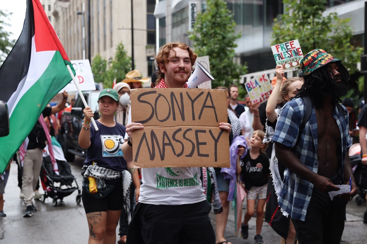 Demonstrators gathered at Fountain Square on July 28 to protest the ongoing war in Gaza, as well as the shooting death of Sonya Massey by deputy Sean Grayson in Springfield, Illinois.