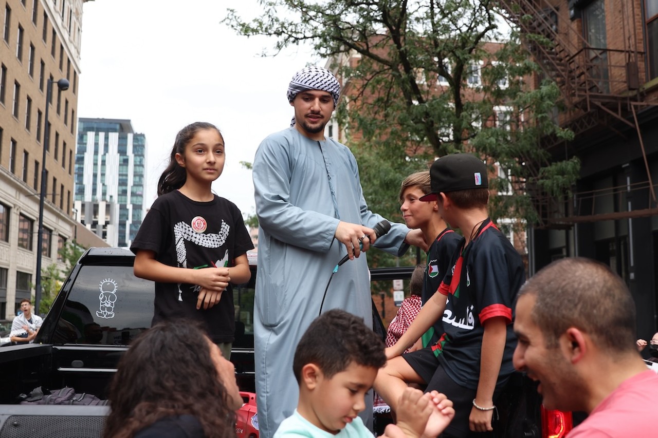 Demonstrators gathered at Fountain Square on July 28 to protest the ongoing war in Gaza, as well as the shooting death of Sonya Massey by deputy Sean Grayson in Springfield, Illinois.