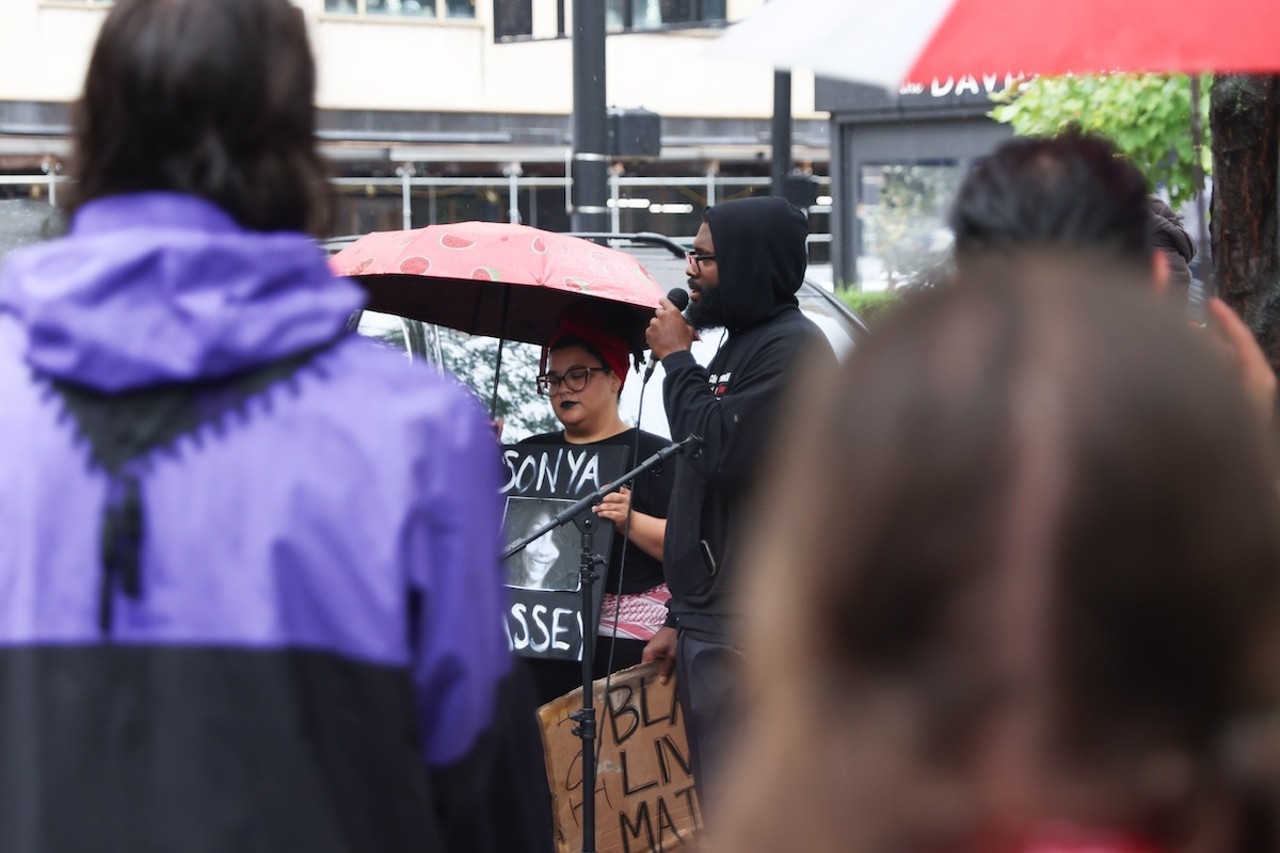 Demonstrators gathered at Fountain Square on July 28 to protest the ongoing war in Gaza, as well as the shooting death of Sonya Massey by deputy Sean Grayson in Springfield, Illinois.