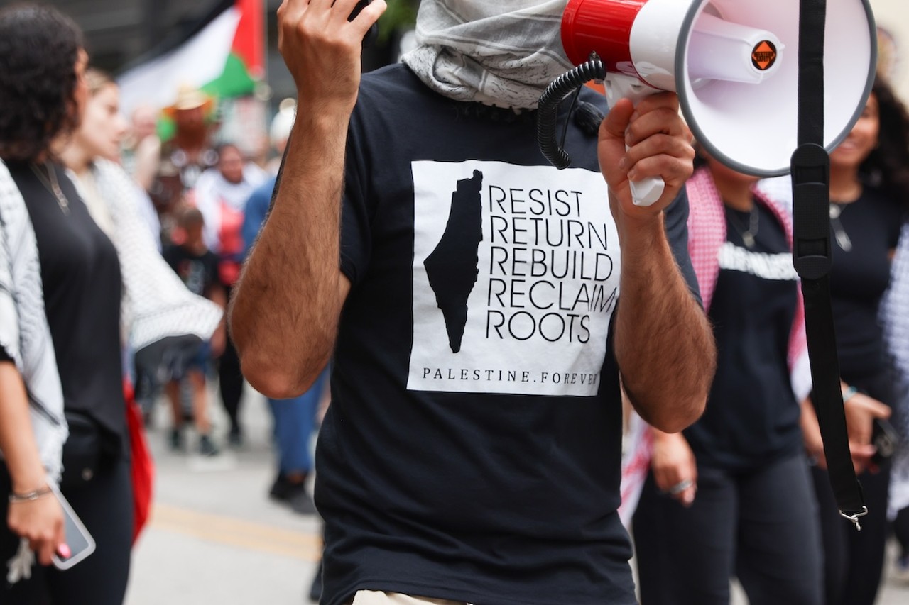 Demonstrators gathered at Fountain Square on July 28 to protest the ongoing war in Gaza, as well as the shooting death of Sonya Massey by deputy Sean Grayson in Springfield, Illinois.