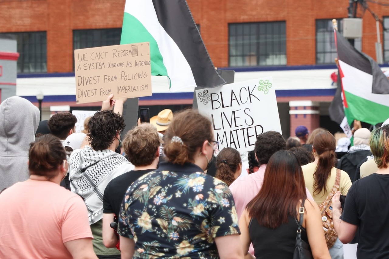 Demonstrators gathered at Fountain Square on July 28 to protest the ongoing war in Gaza, as well as the shooting death of Sonya Massey by deputy Sean Grayson in Springfield, Illinois.