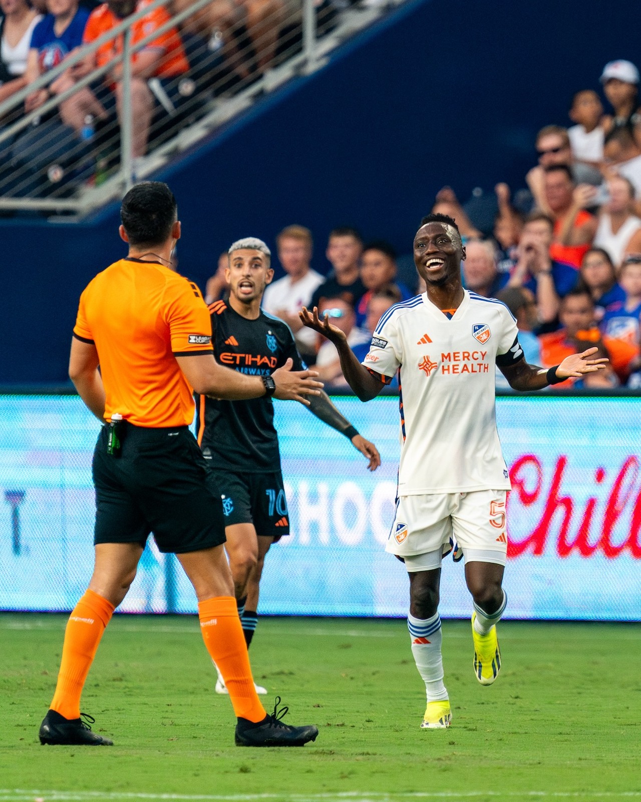 Obinna Nwobodo pleads his case to the referee | FC Cincinnati vs. NYCFC | Aug. 5, 2024