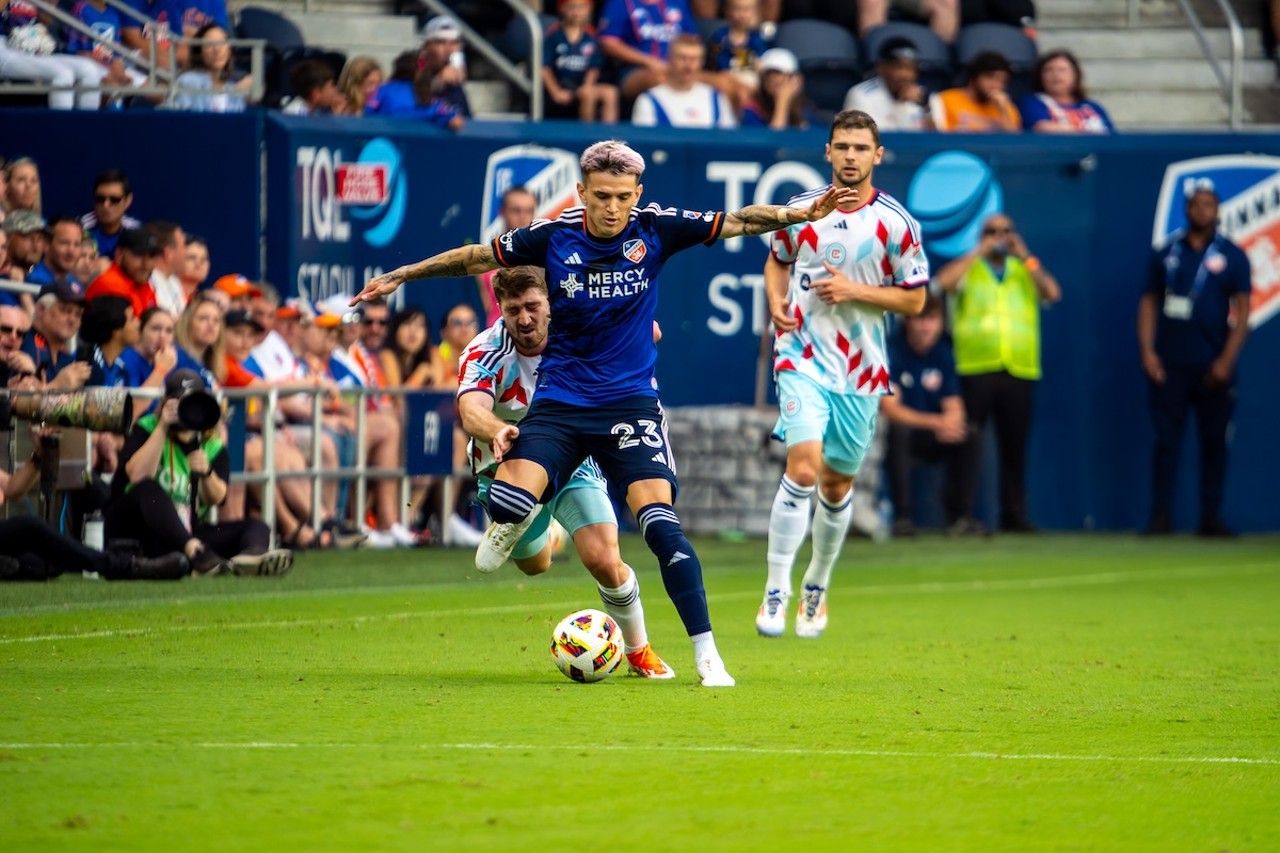 Luca Orellano is pushed off the ball | FC Cincinnati vs. Chicago Fire | July 17, 2024