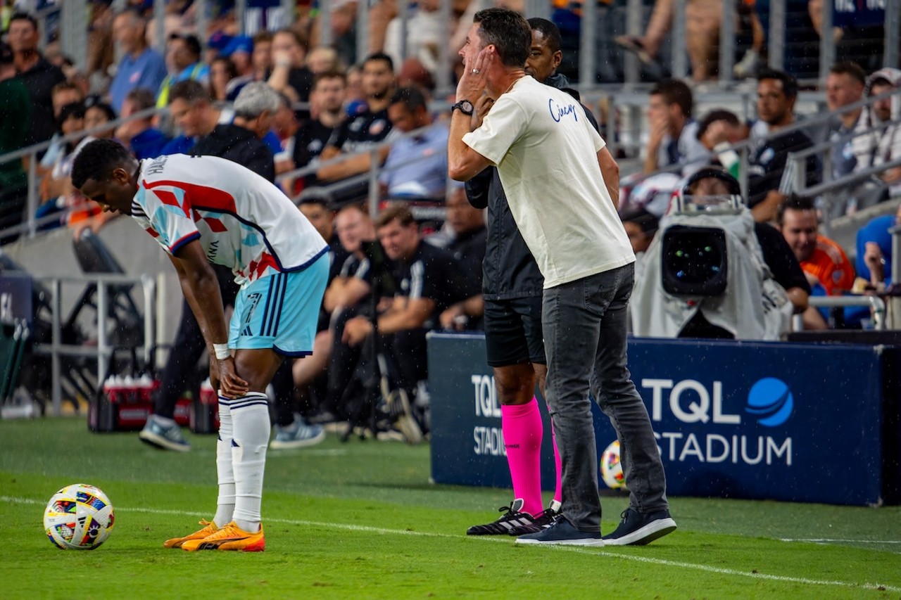 FC Cincinnati coach Pat Noonan signals to the official | FC Cincinnati vs. Chicago Fire | July 17, 2024