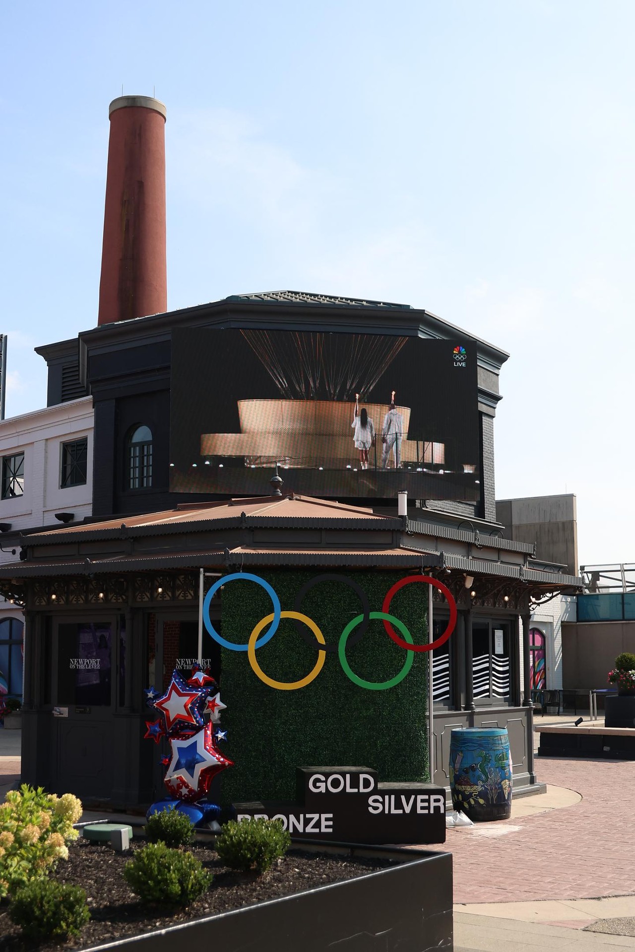 A replica of the podium at the Olympic Opening Ceremony celebration at Newport on the Levee on Friday, July 26, 2024.