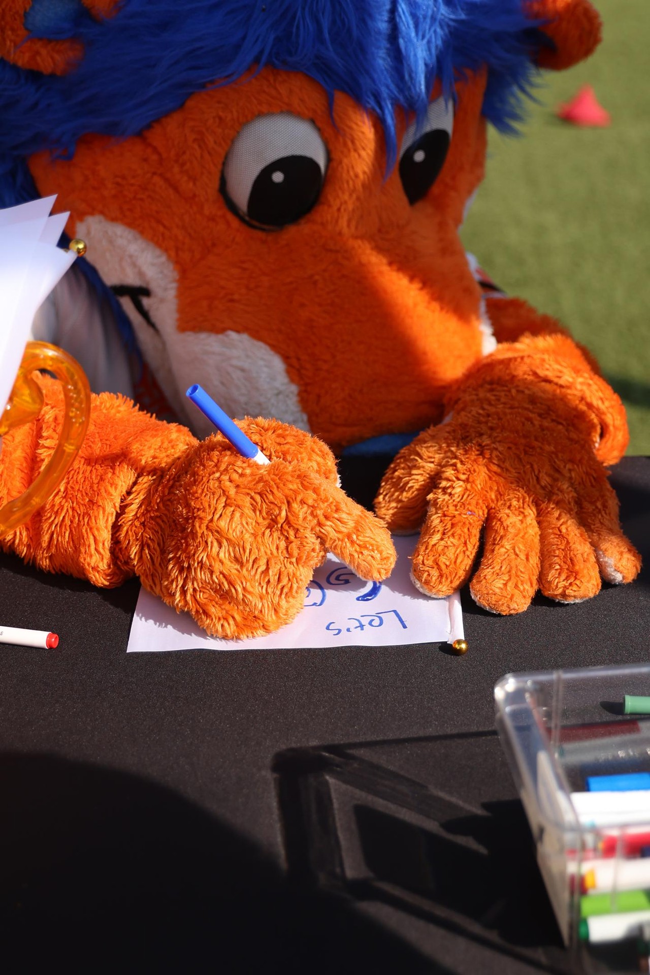 Gary the Lion makes a flag at the Olympic Opening Ceremony celebration at Newport on the Levee on Friday, July 26, 2024.