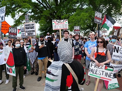 Demonstrators from six Greater Cincinnati organizations gathered in Covington on May 7 to protest the U.S.'s support of Israel as defense forces move into Rafa.