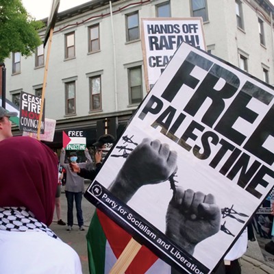 Demonstrators from six Greater Cincinnati organizations gathered in Covington on May 7 to protest the U.S.'s support of Israel as defense forces move into Rafa.