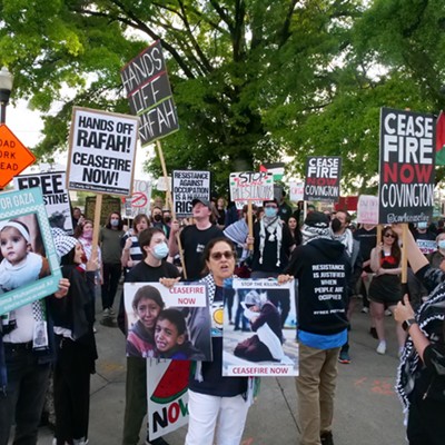 Demonstrators from six Greater Cincinnati organizations gathered in Covington on May 7 to protest the U.S.'s support of Israel as defense forces move into Rafa.