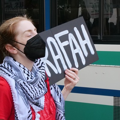 Demonstrators from six Greater Cincinnati organizations gathered in Covington on May 7 to protest the U.S.'s support of Israel as defense forces move into Rafa.