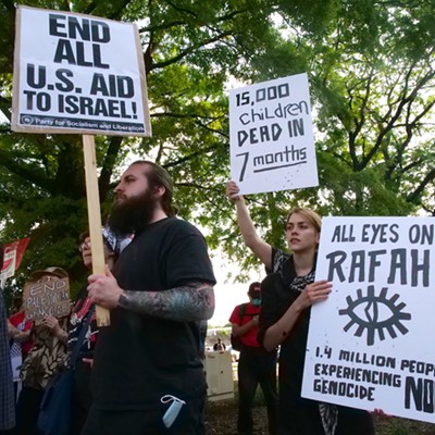 Demonstrators from six Greater Cincinnati organizations gathered in Covington on May 7 to protest the U.S.'s support of Israel as defense forces move into Rafa.