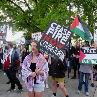 Demonstrators from six Greater Cincinnati organizations gathered in Covington on May 7 to protest the U.S.'s support of Israel as defense forces move into Rafa.