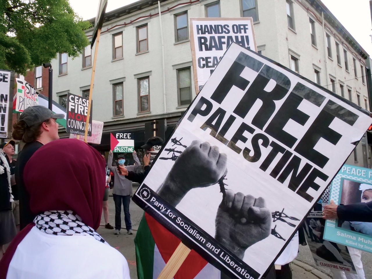 Demonstrators from six Greater Cincinnati organizations gathered in Covington on May 7 to protest the U.S.'s support of Israel as defense forces move into Rafa.