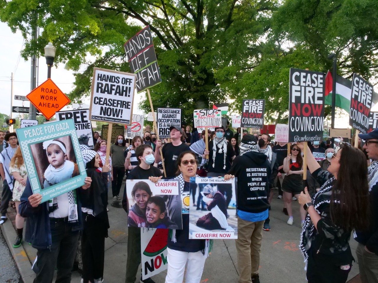 Demonstrators from six Greater Cincinnati organizations gathered in Covington on May 7 to protest the U.S.'s support of Israel as defense forces move into Rafa.