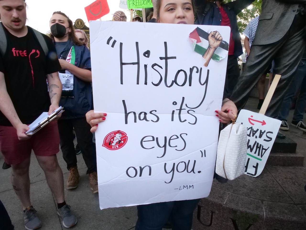 Demonstrators from six Greater Cincinnati organizations gathered in Covington on May 7 to protest the U.S.'s support of Israel as defense forces move into Rafa.